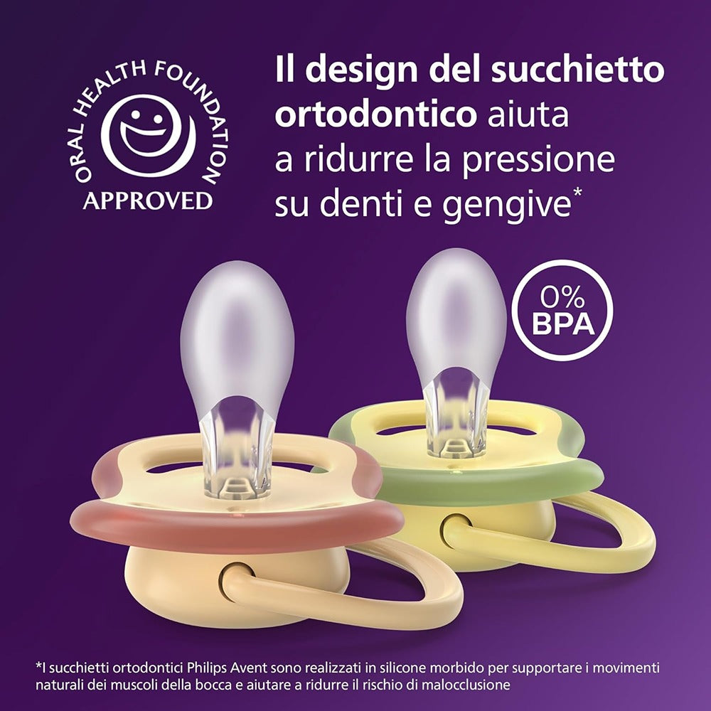 Philips Avent Ultra Air Colors Of Nature Succhietti Ortodontici Giallo E Arancione Con Foglie 0-6 Mesi 2 Pezzi