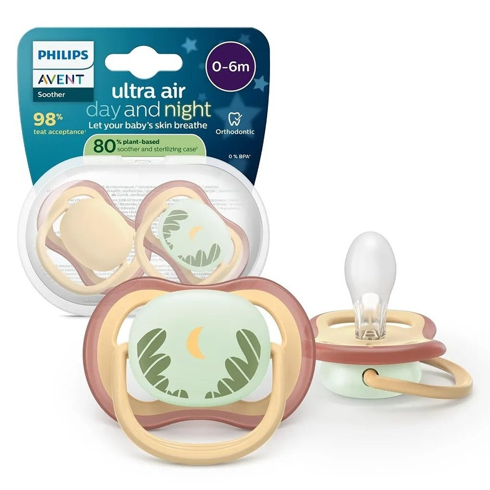 Philips Avent Ultra Air Day & Night Succhietti Ortodontici Giallo E Verde Con Luna 0-6 Mesi 2 Pezzi