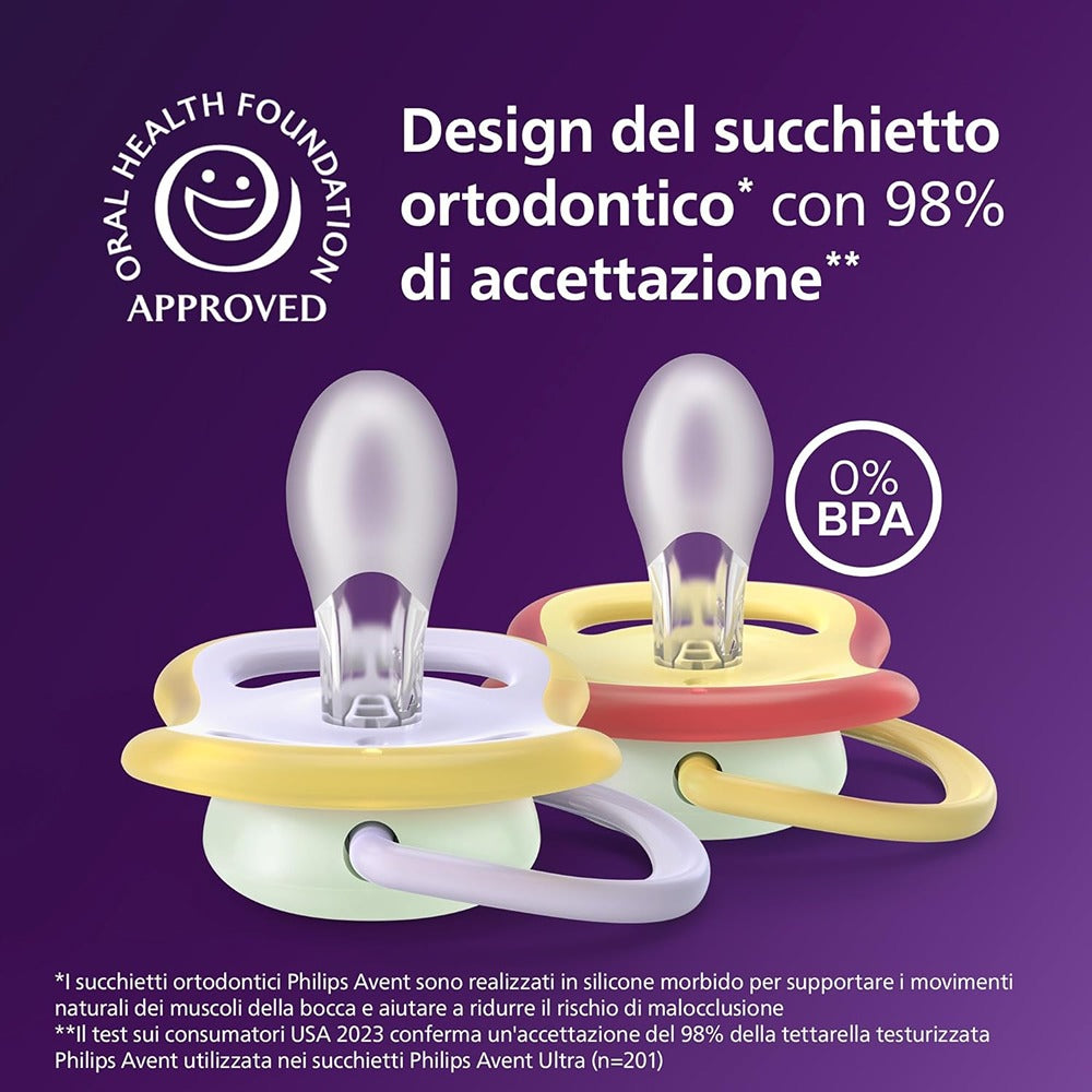 Philips Avent Ultra Air Day & Night Succhietti Ortodontici Giallo E Verde Con Luna 0-6 Mesi 2 Pezzi