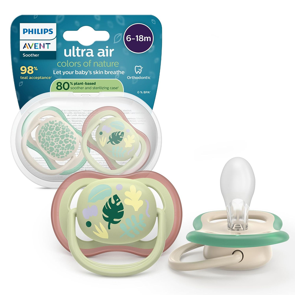 Philips Avent Ultra Air Colors Of Nature Succhietti Ortodontici Verde E Marrone Con Foglia 6-18 Mesi 2 Pezzi