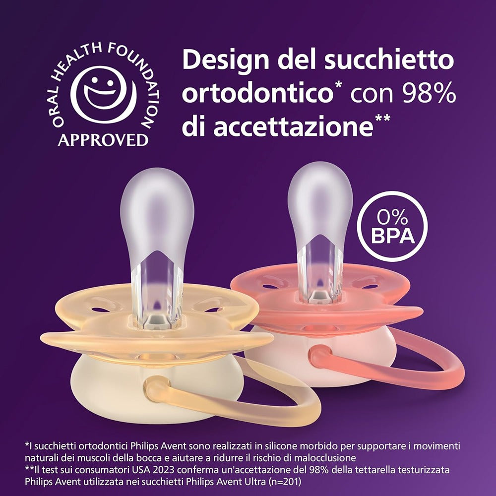 Philips Avent Ultra Soft Succhietti Ortodontici Crema E Rosa 0-6 Mesi 2 Pezzi