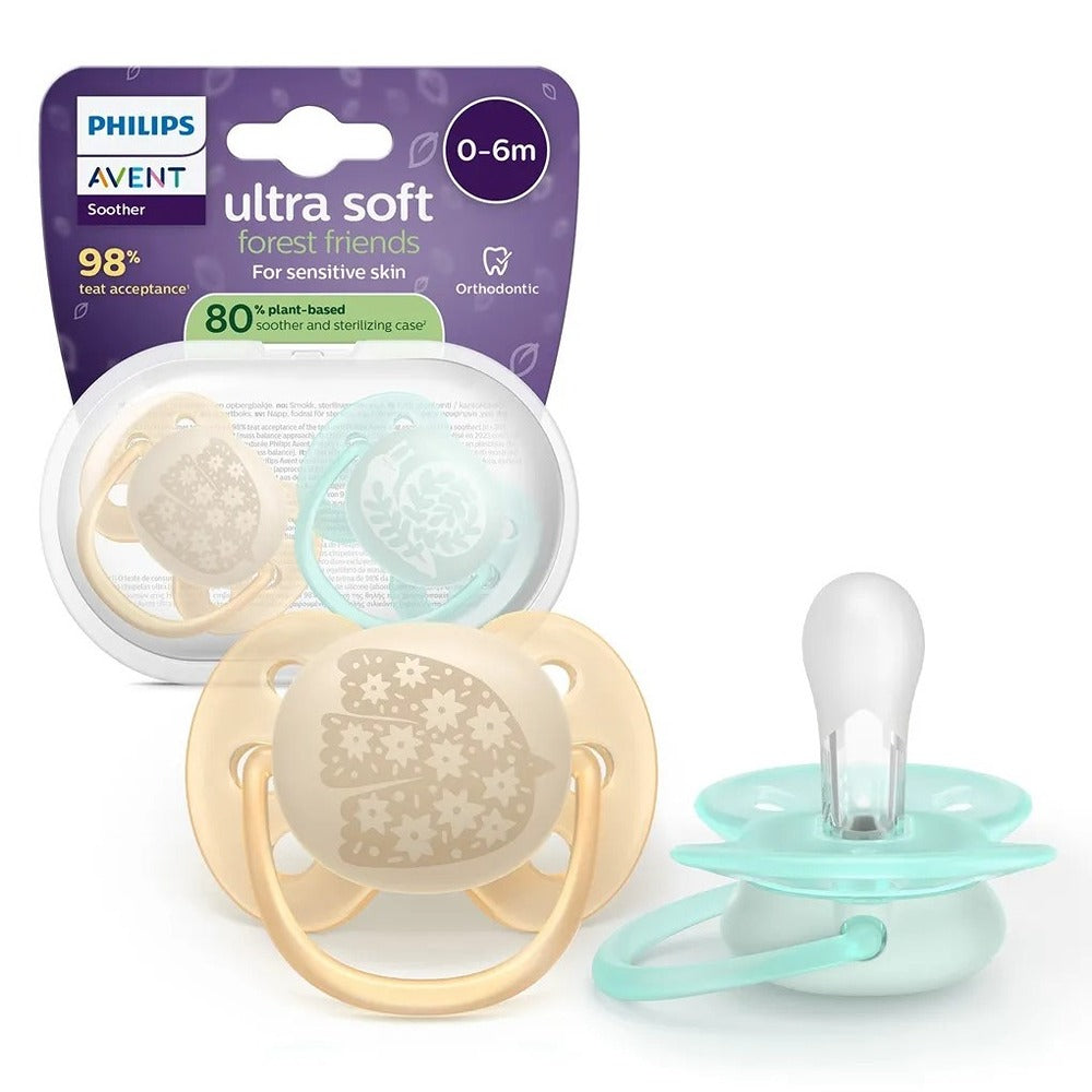 Philips Avent Ultra Soft Succhietti Ortodontici Crema E Azzurro Con Decorazioni 0-6 Mesi 2 Pezzi