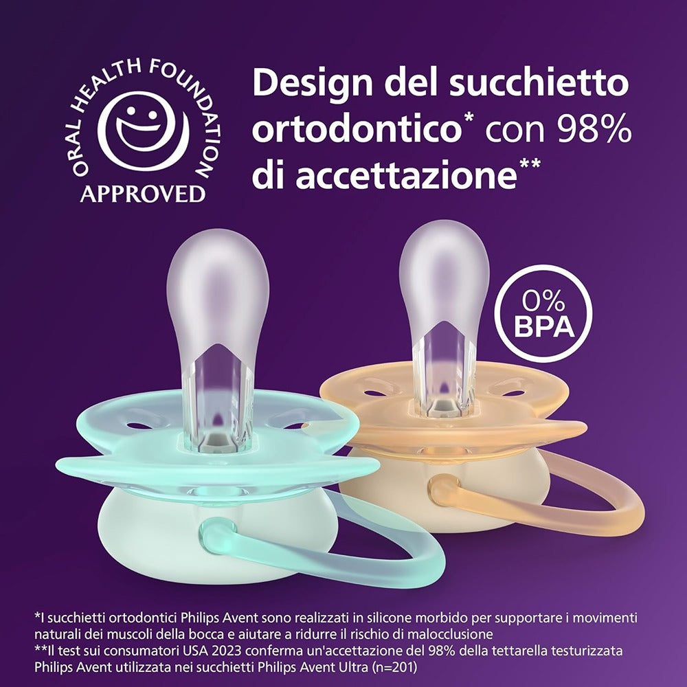 Philips Avent Ultra Soft Succhietti Ortodontici Crema E Azzurro Con Decorazioni 0-6 Mesi 2 Pezzi