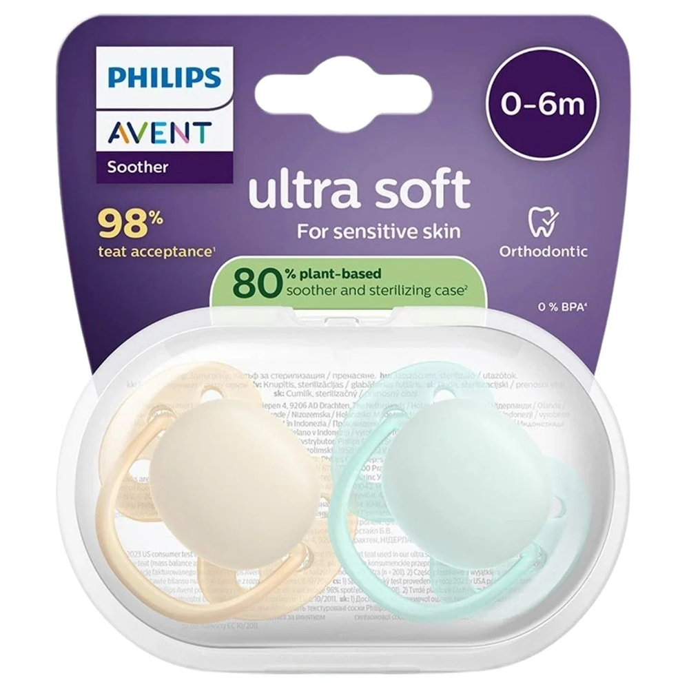 Philips Avent Ultra Soft Succhietti Ortodontici Crema E Azzurro 0-6 Mesi 2 Pezzi