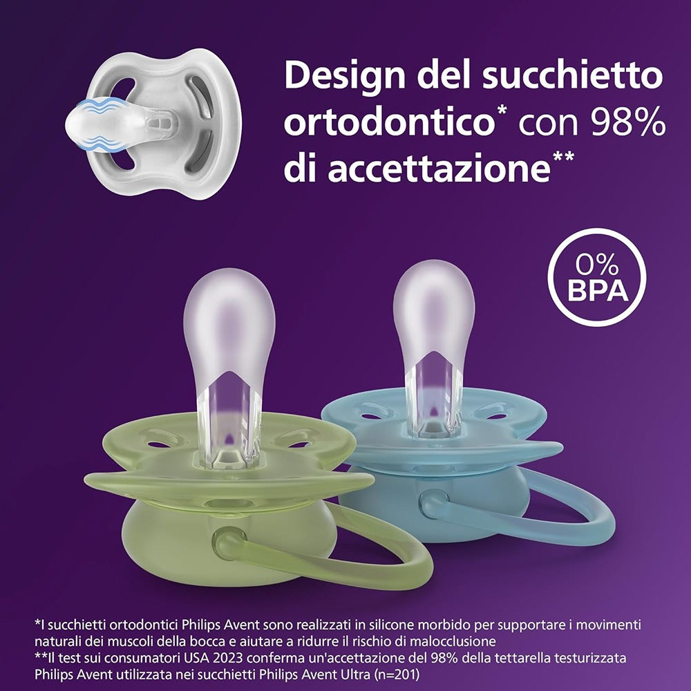 Philips Avent Ultra Soft Succhietti Ortodontici Blu E Verde 18+ Mesi 2 Pezzi