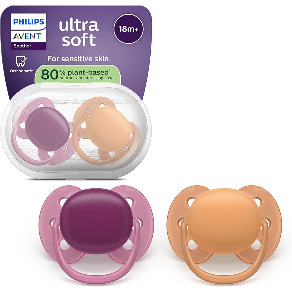 Philips Avent Ultra Soft Succhietti Ortodontici Viola E Arancione 18+ Mesi 2 Pezzi