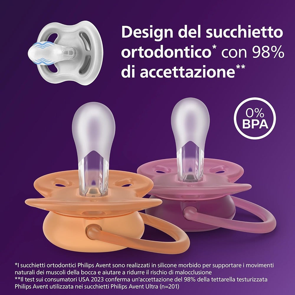 Philips Avent Ultra Soft Succhietti Ortodontici Viola E Arancione 18+ Mesi 2 Pezzi