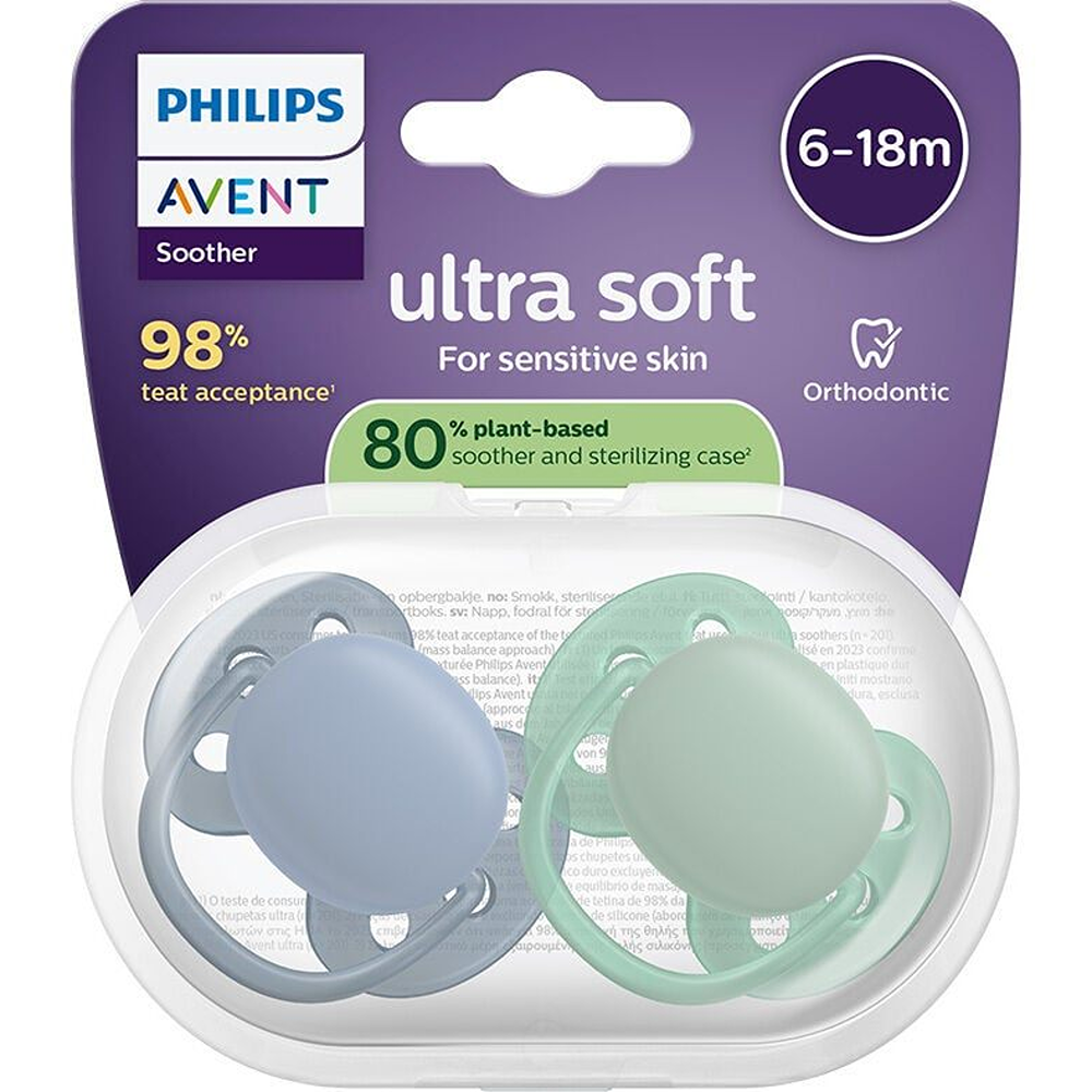Philips Avent Ultra Soft Succhietti Ortodontici Blu E Verde 6-18 Mesi 2 Pezzi