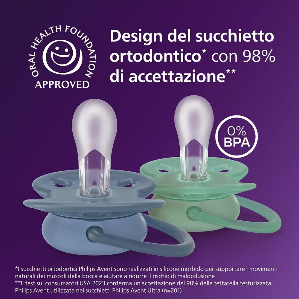 Philips Avent Ultra Soft Succhietti Ortodontici Blu E Verde 6-18 Mesi 2 Pezzi
