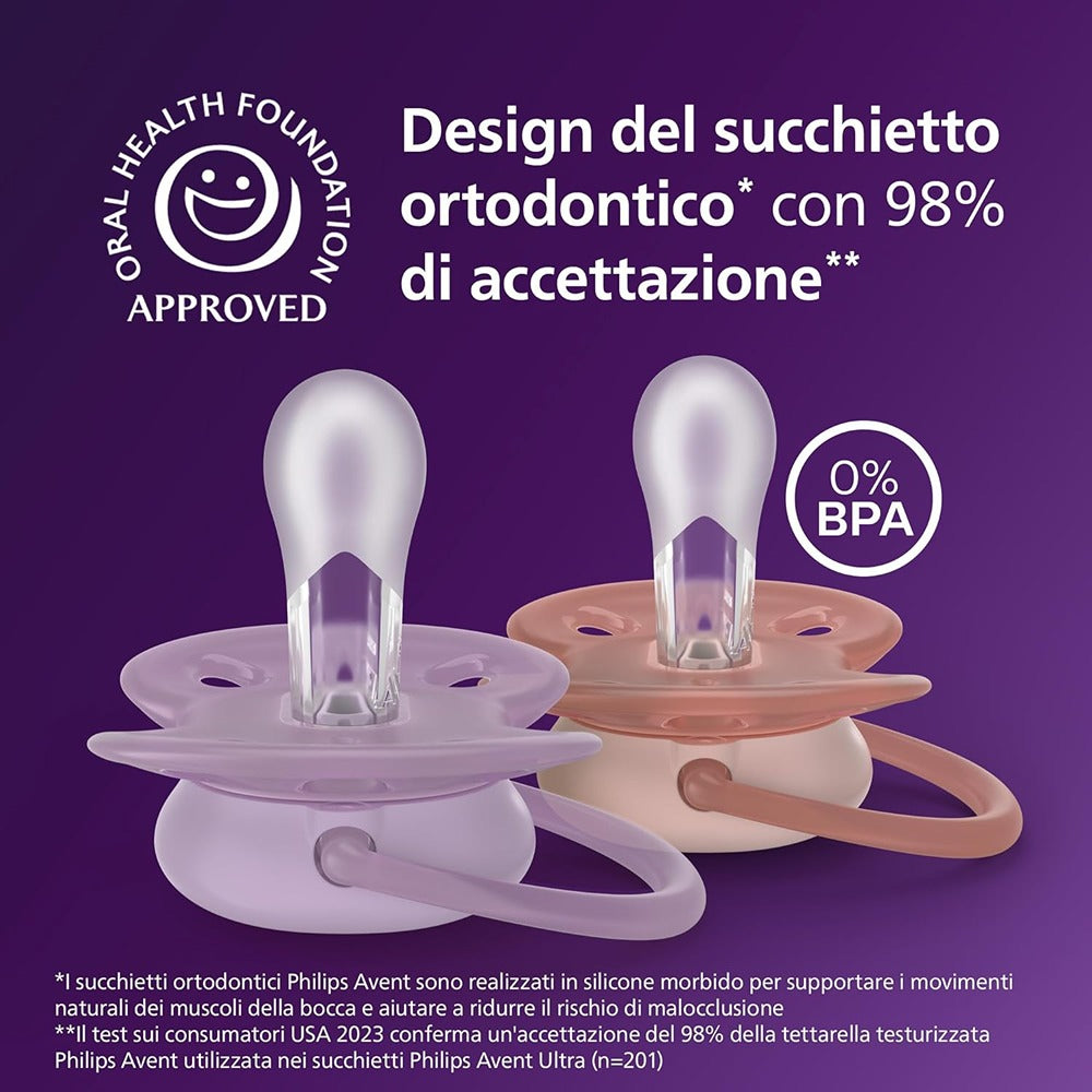 Philips Avent Ultra Soft Succhietti Ortodontici Viola E Rosso 6-18 Mesi 2 Pezzi