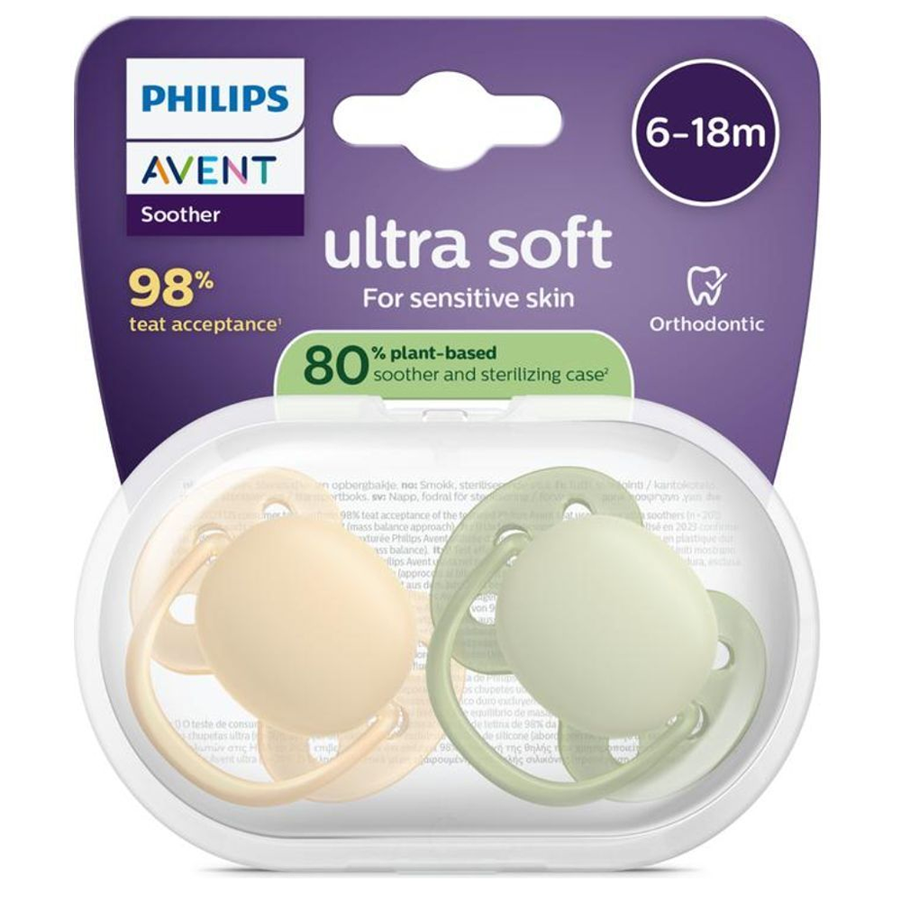 Philips Avent Ultra Soft Succhietti Ortodontici Crema E Verde 6-18 Mesi 2 Pezzi