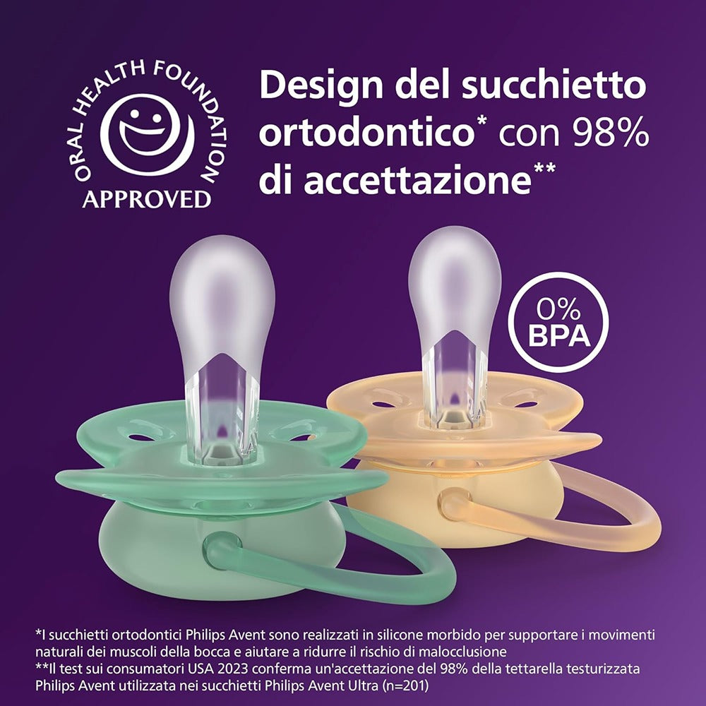 Philips Avent Ultra Soft Succhietti Ortodontici Crema E Verde 6-18 Mesi 2 Pezzi