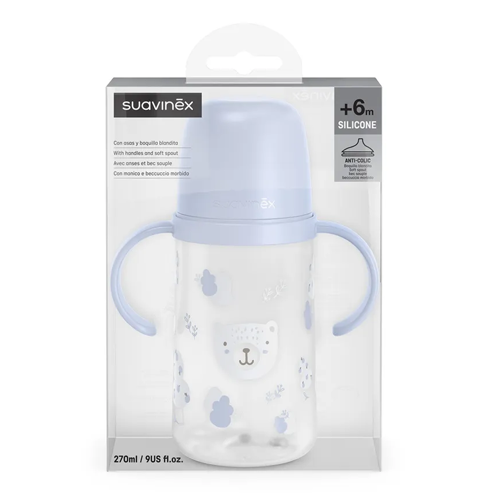 Suavinex Wild & Free Biberon Antigoccia Con Manici E Beccucio In Silicone 270 ml Azzurro 6+ Mesi
