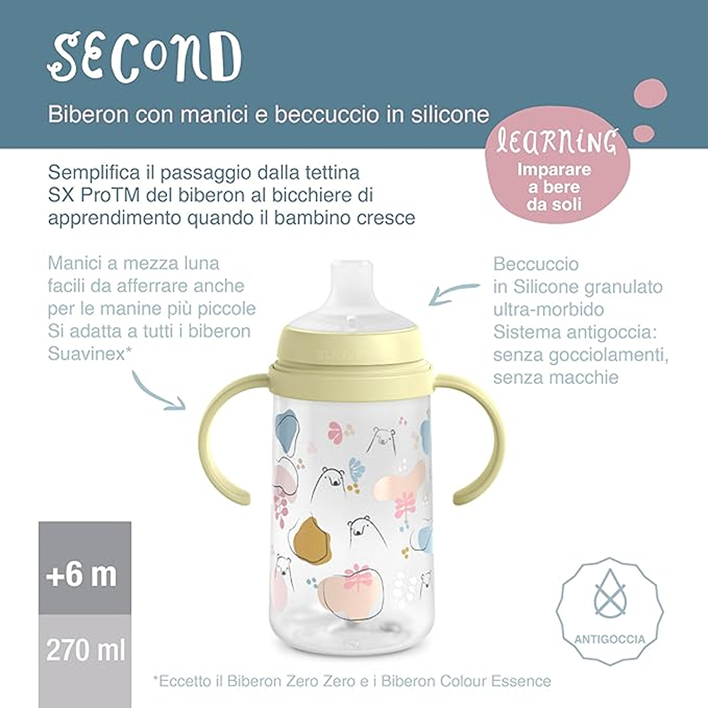 Suavinex Wild & Free Biberon Antigoccia Con Manici E Beccucio In Silicone 270 ml Azzurro 6+ Mesi