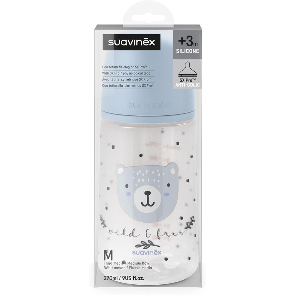Suavinex Wild & Free Biberon PP Tettarella In Silicone Sx Pro Flusso Medio 270 ml Azzurro 3+ Mesi