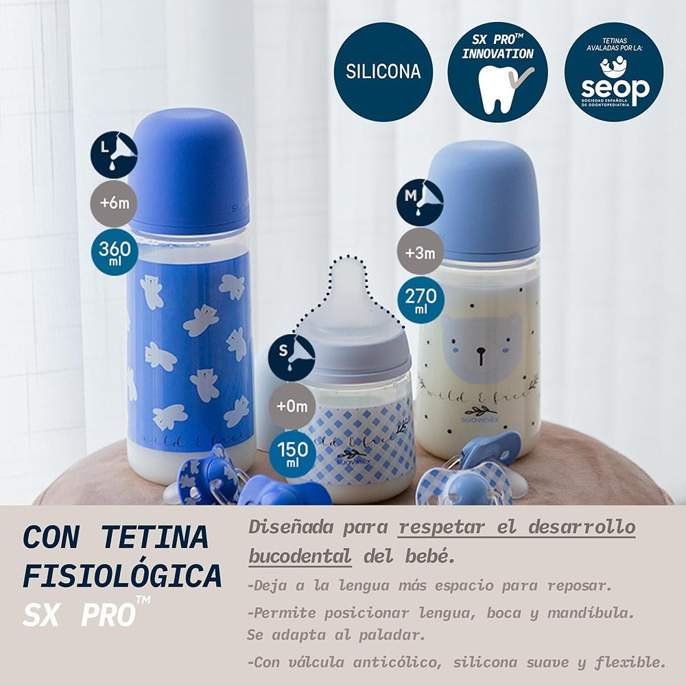 Suavinex Wild & Free Biberon PP Tettarella In Silicone Sx Pro Flusso Medio 270 ml Azzurro 3+ Mesi