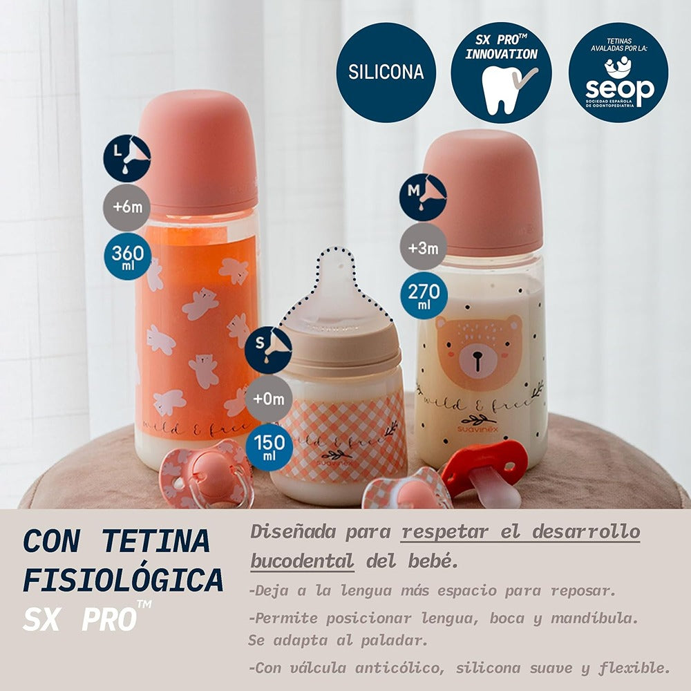 Suavinex Wild & Free Biberon PP Tettarella In Silicone Sx Pro Flusso Medio 270 ml Rosa 3+ Mesi