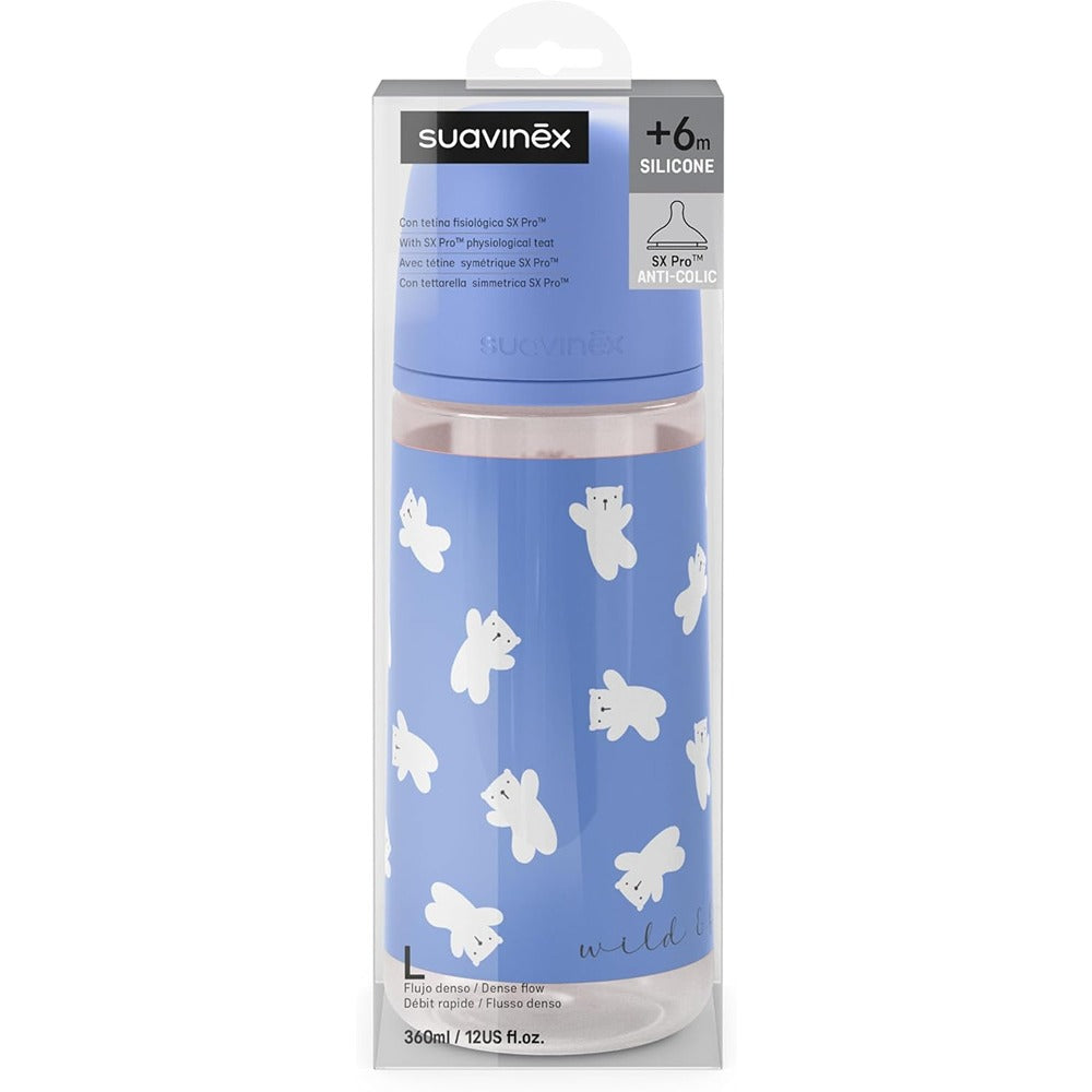 Suavinex Wild & Free Biberon PP Tettarella In Silicone Sx Pro Flusso Denso 360 ml Blu 6+ Mesi