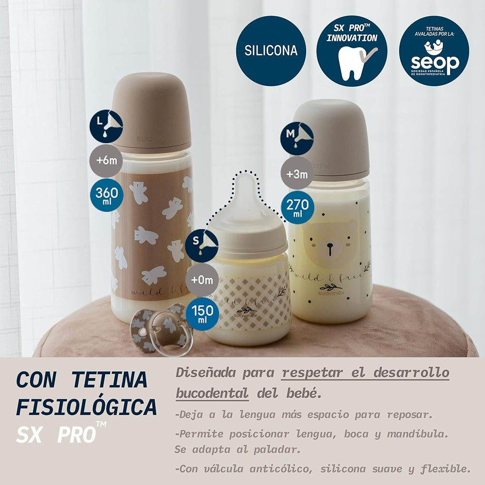 Suavinex Wild & Free Biberon PP Tettarella In Silicone Sx Pro Flusso Denso 360 ml Neutro 6+ Mesi