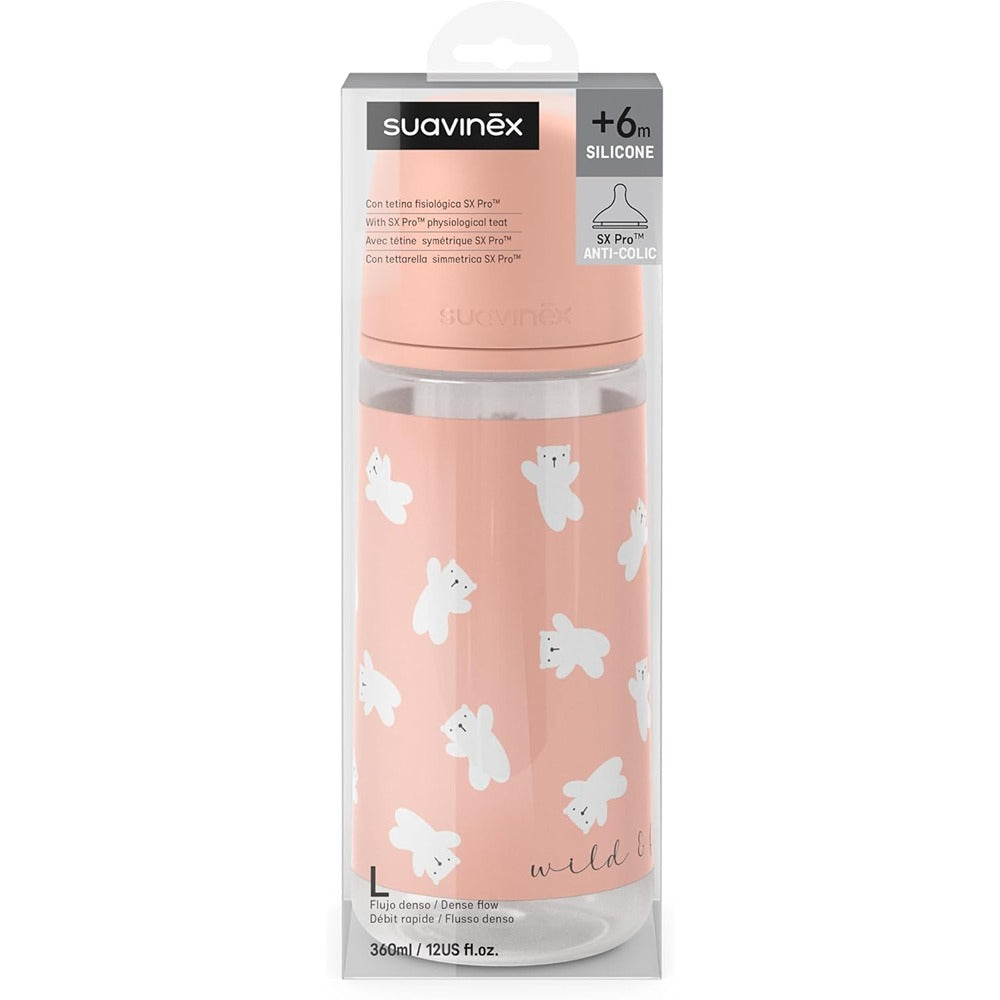 Suavinex Wild & Free Biberon PP Tettarella In Silicone Sx Pro Flusso Denso 360 ml Rosa 6+ Mesi