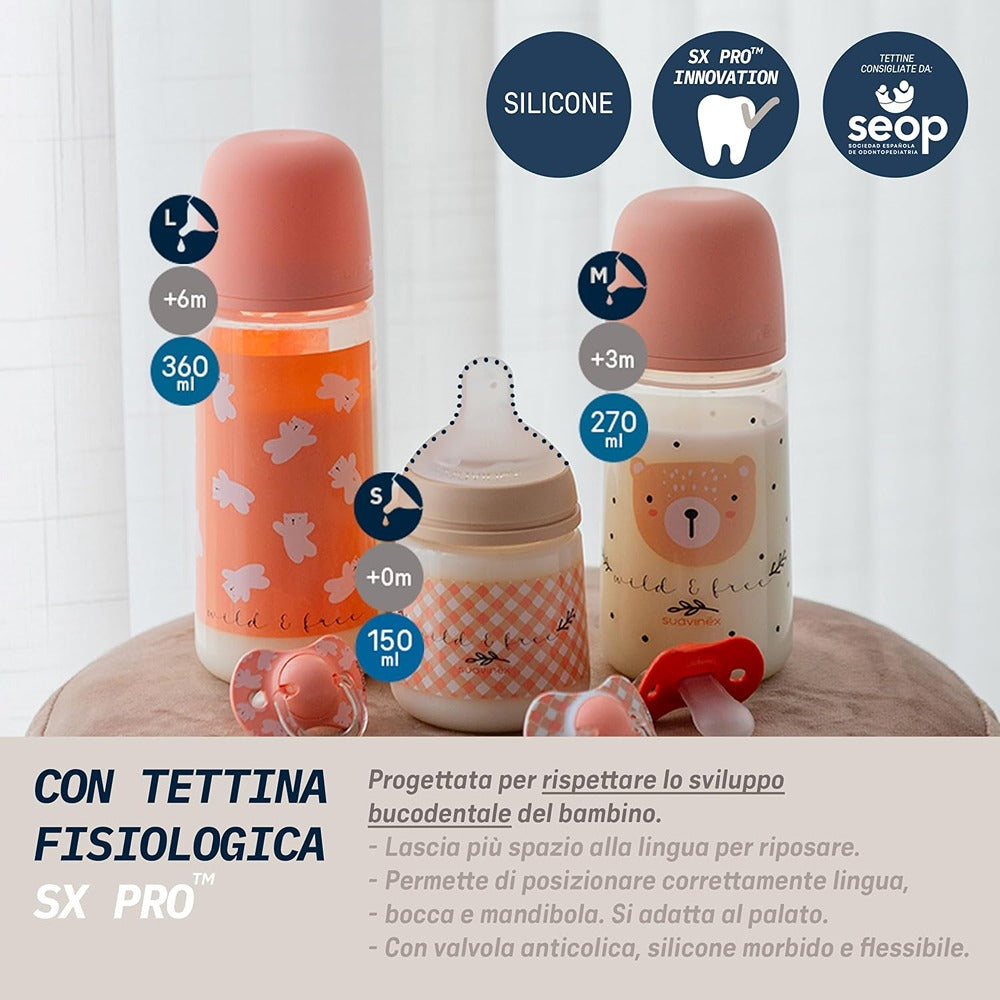 Suavinex Wild & Free Biberon PP Tettarella In Silicone Sx Pro Flusso Denso 360 ml Rosa 6+ Mesi