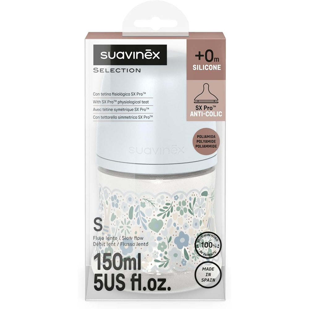 Suavinex wonderland Liberty Biberon Tettarella In Silicone Flusso Lento Azzurro 150 ml 0+ Mesi