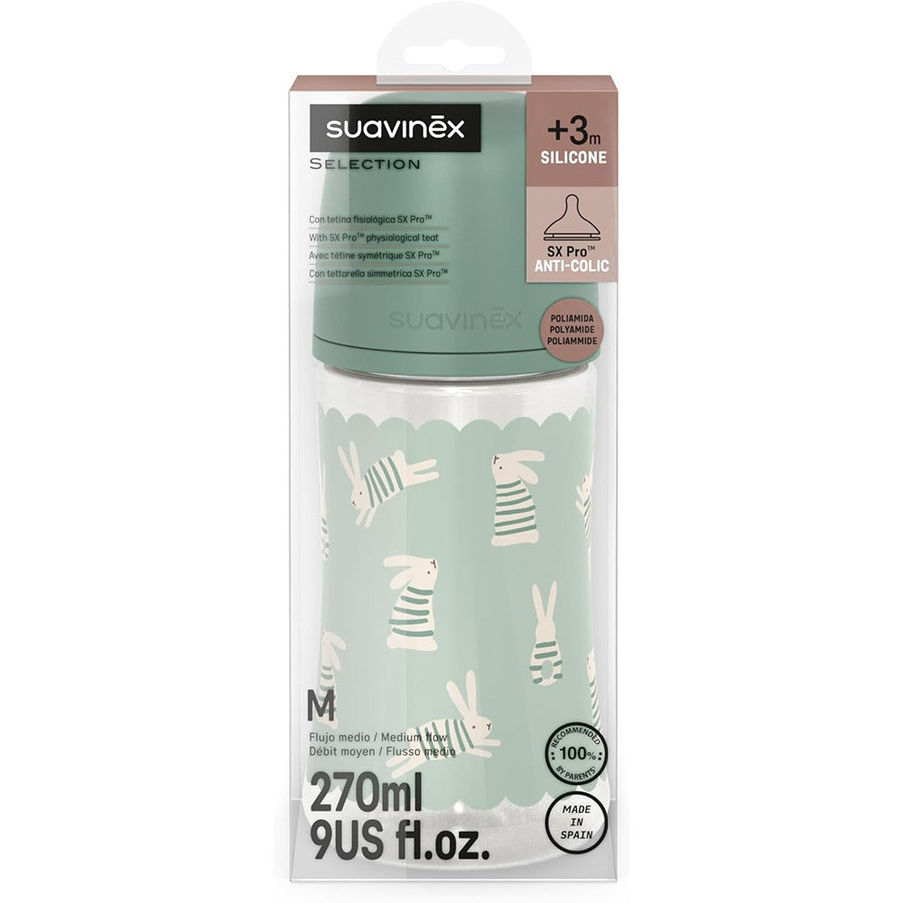 Suavinex wonderland Biberon Tettarella In Silicone Sx Pro Flusso Medio Coniglio Verde 270 ml 3+ Mesi