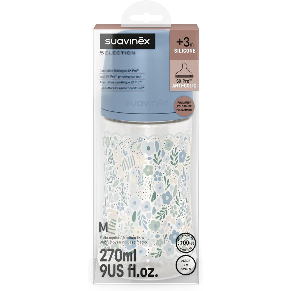 Suavinex wonderland Liberty Biberon Tettarella In Silicone Flusso Medio Azzurro 270 ml 3+ Mesi
