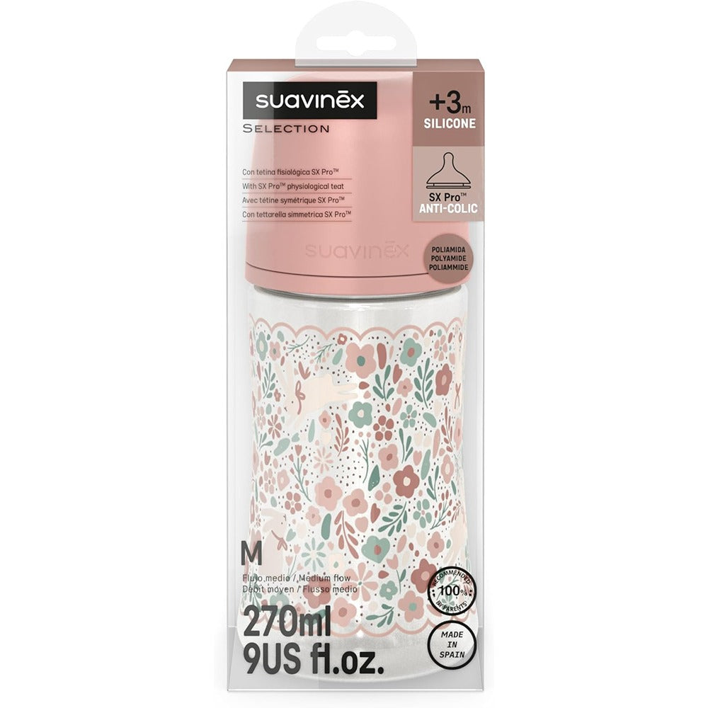 Suavinex wonderland Liberty Biberon Tettarella In Silicone Flusso Medio Rosa 270 ml 3+ Mesi