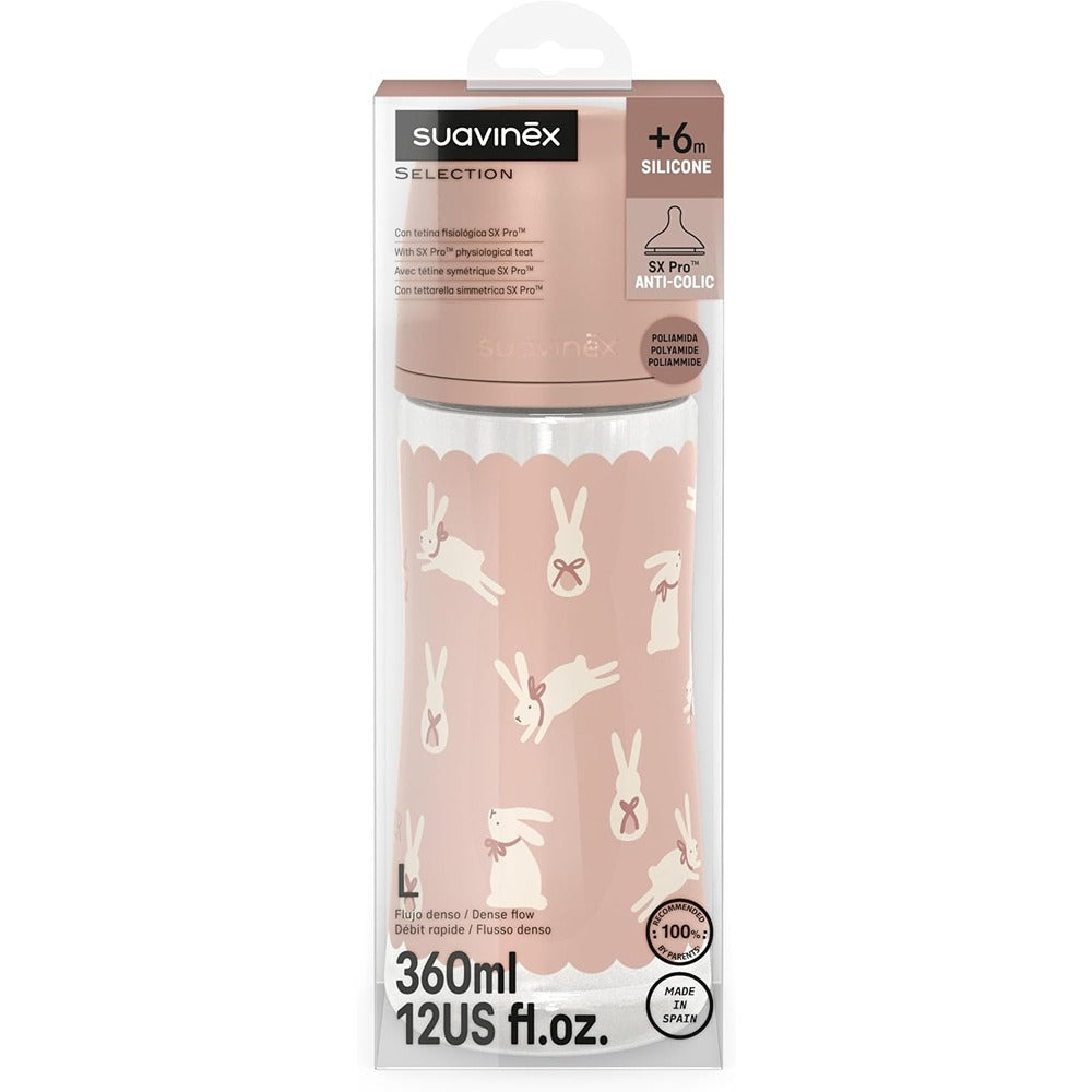Suavinex wonderland Biberon Tettarella In Silicone Flusso Denso Coniglio Rosa 360 ml 6+ Mesi