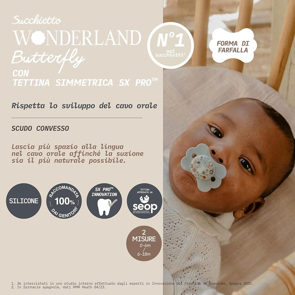 Suavinex Wonderland Butterfly Succhietto Tettarella Simmetrica In Silicone SX Pro Liberty Neutro 0-6 Mesi