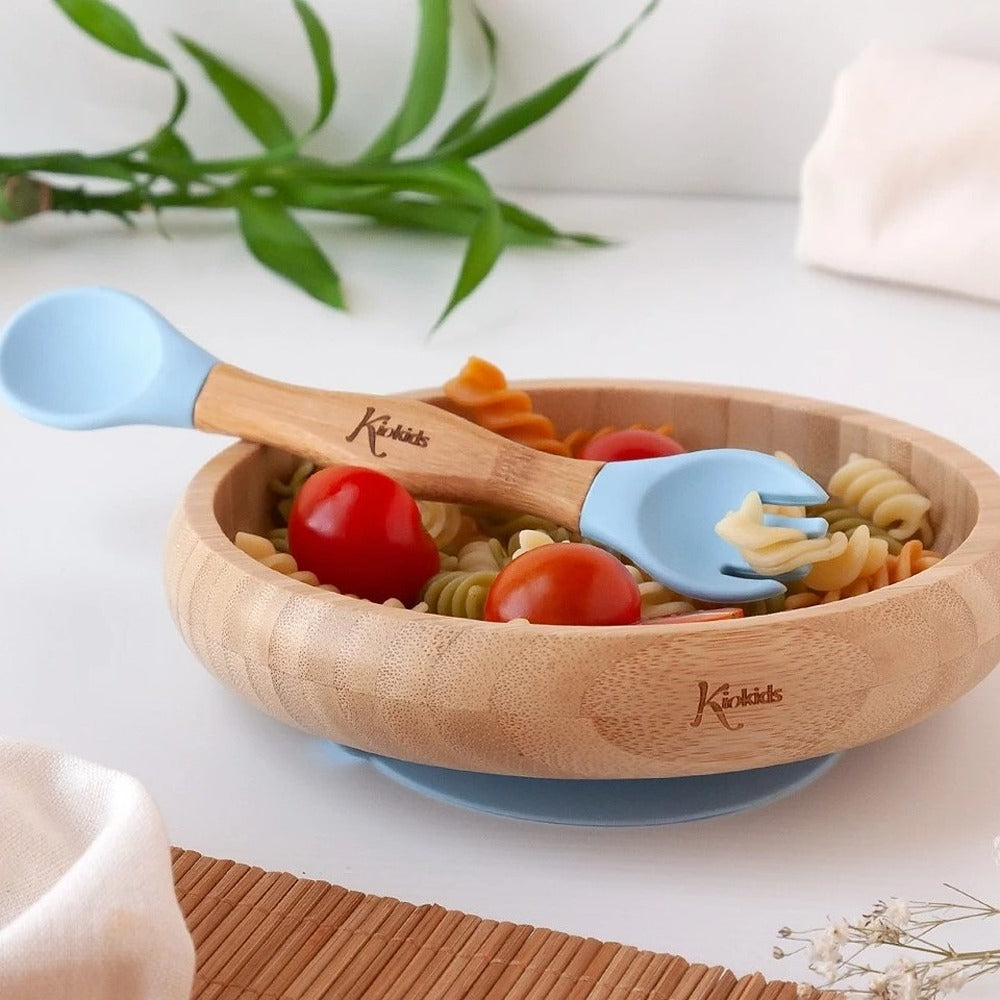 Kiokids Set Stoviglie In Silicone E Bambù Con Cucchiaio E Forchetta Azzurro