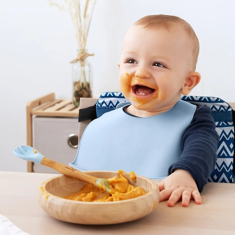 Kiokids Set Stoviglie In Silicone E Bambù Con Cucchiaio E Forchetta Azzurro