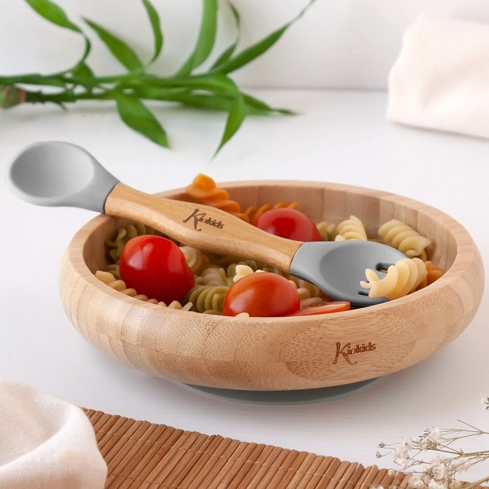 Kiokids Set Stoviglie In Silicone E Bambù Con Cucchiaio E Forchetta Grigio