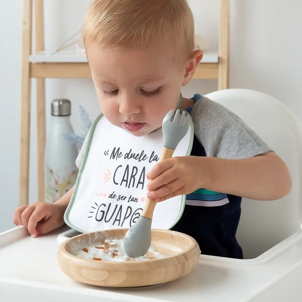 Kiokids Set Stoviglie In Silicone E Bambù Con Cucchiaio E Forchetta Grigio