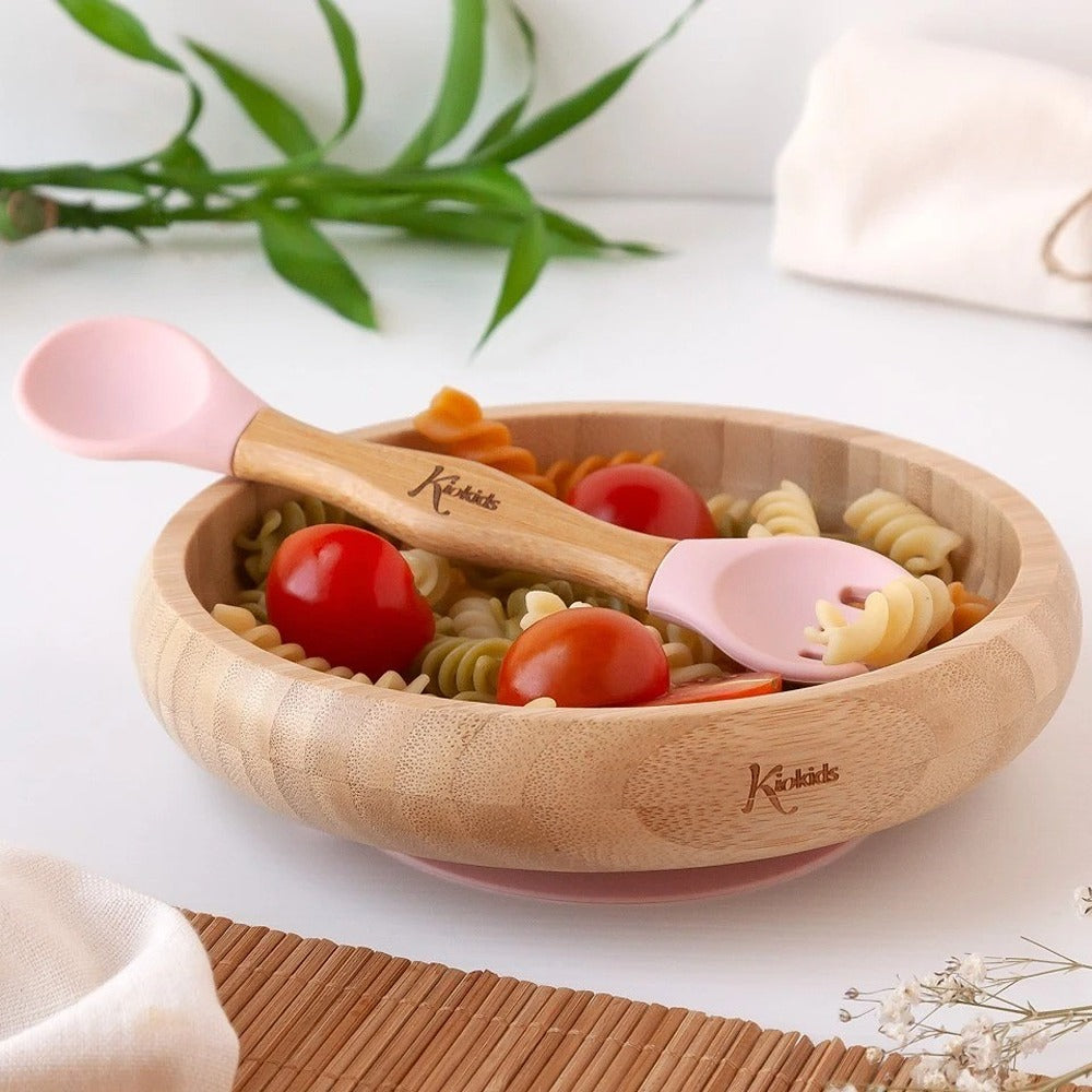 Kiokids Set Stoviglie In Silicone E Bambù Con Cucchiaio E Forchetta Rosa