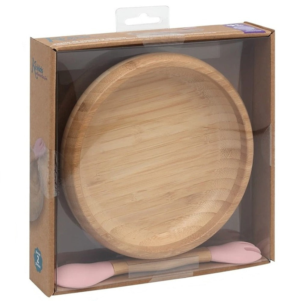 Kiokids Set Stoviglie In Silicone E Bambù Con Cucchiaio E Forchetta Rosa