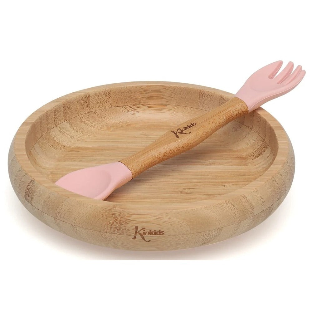 Kiokids Set Stoviglie In Silicone E Bambù Con Cucchiaio E Forchetta Rosa