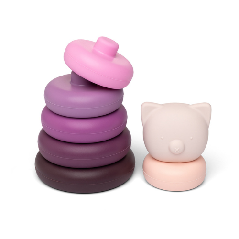 Little L Gioco Scomponibile In Silicone Torre Con Maialino Colori Lilla E Rosa